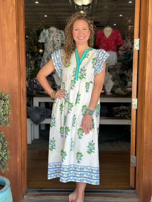 Off White + Blue + Green Floral Midi Dress