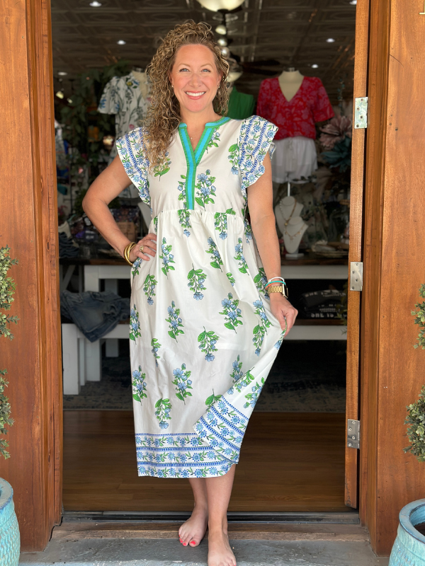 Off White + Blue + Green Floral Midi Dress