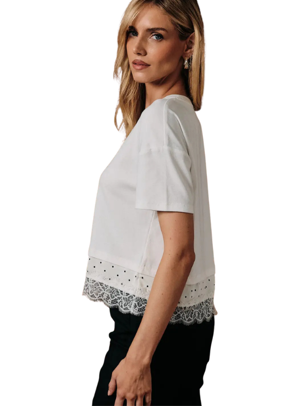 A woman wearing a white short-sleeve blouse with eyelet lace trim at the hem, paired with black pants, shown against a plain white background.