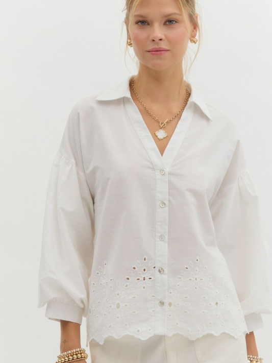 Off White Eyelet Button Up