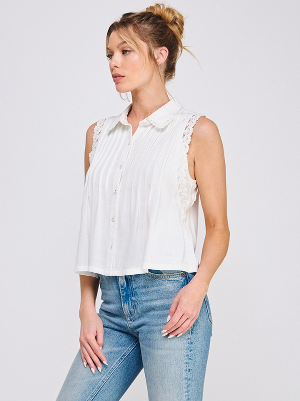 Off White Linen Pintuck Collared Shirt