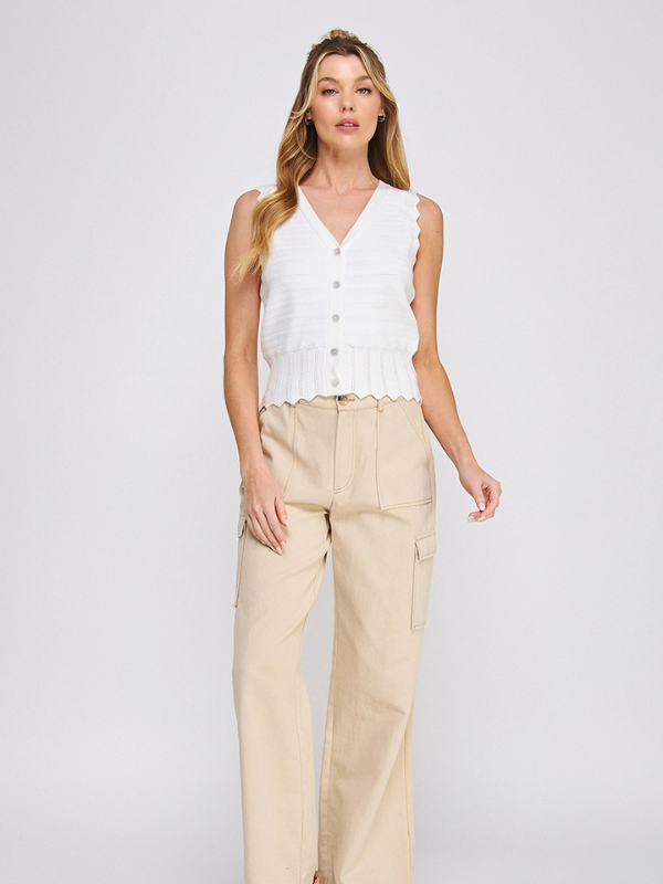 Off White Pointelle Sleeveless Button-Up
