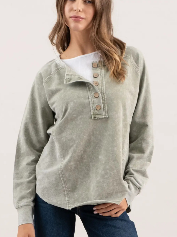 Olive Acid Wash Button Long Sleeve