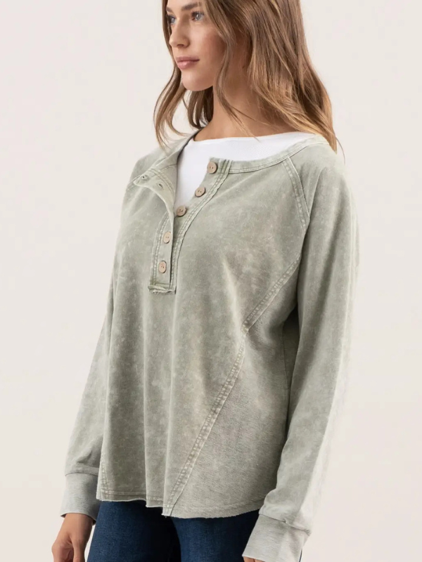 Olive Acid Wash Button Long Sleeve