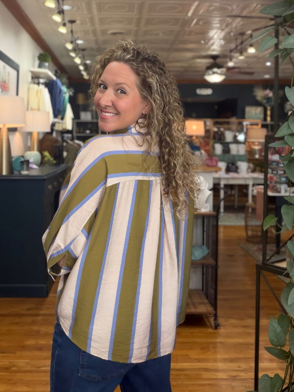 Olive + Blue Striped Dolman Sleeve Button Up Top - Themasonboutique