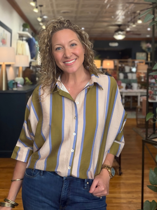 Olive + Blue Striped Dolman Sleeve Button Up Top - Themasonboutique