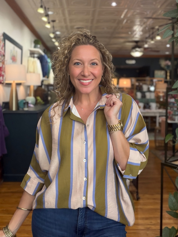 Olive + Blue Striped Dolman Sleeve Button Up Top - Themasonboutique