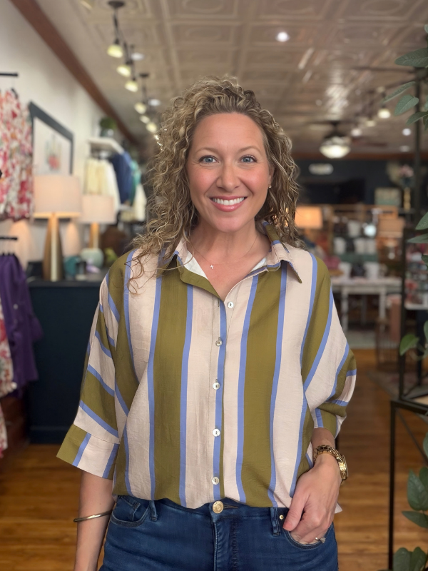 Olive + Blue Striped Dolman Sleeve Button Up Top - Themasonboutique