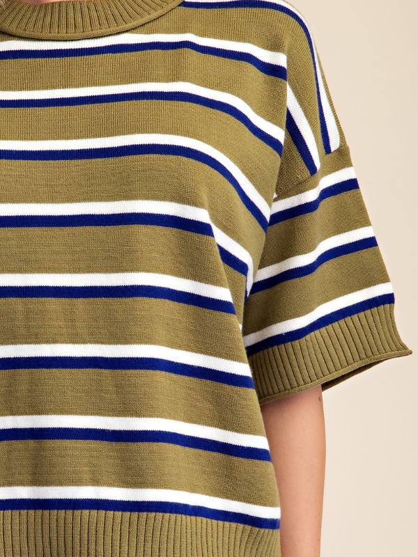 Close-up of a striped knit sweater with horizontal olive green, navy blue, and white stripes, worn by a model against a light beige background.