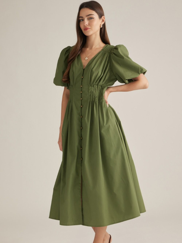 woman wearing an olive midi dress 