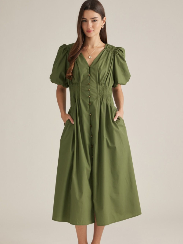 woman wearing an olive midi dress 