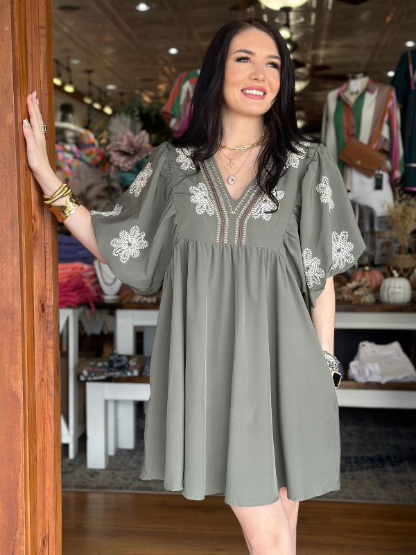 Olive & Cream Floral Embroidery Babydoll Dress