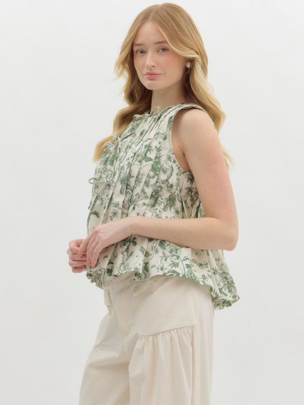 Olive Floral Toile Sleeveless Top