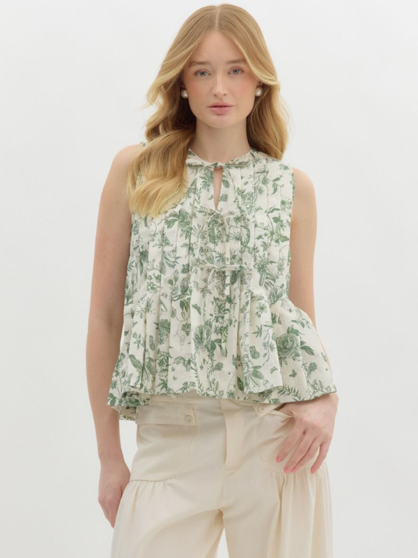 Olive Floral Toile Sleeveless Top