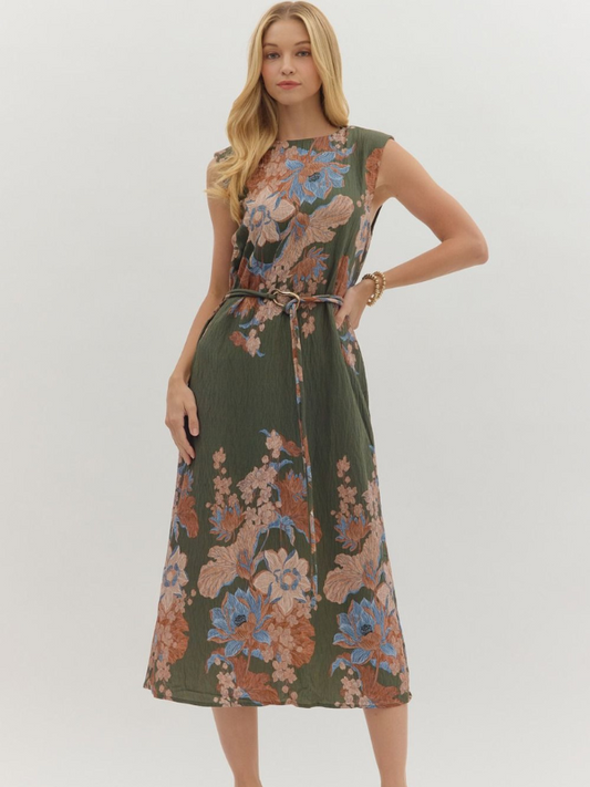 Olive Green Floral Sleeveless Midi Dress
