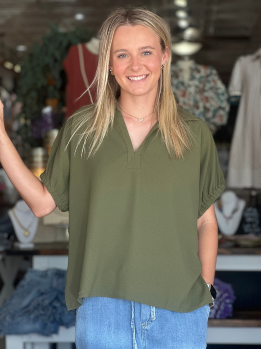 Olive Green Short Sleeve Split Collar Top