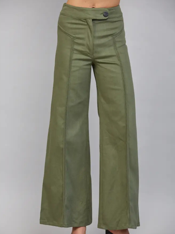 woman wearing olive high waist flair jeans 