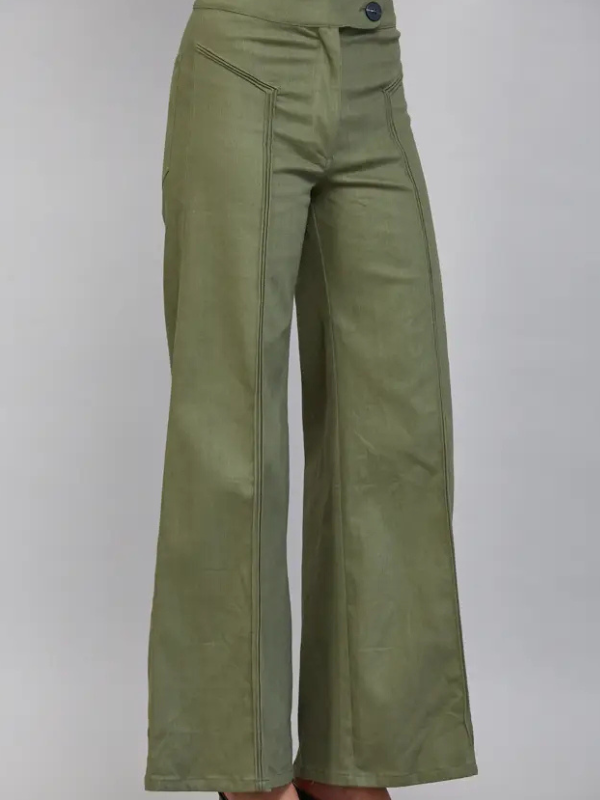 woman wearing olive high waist flair jeans 