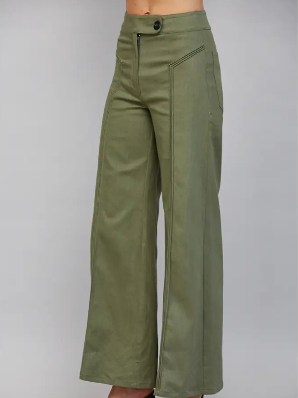 woman wearing olive high waist flair jeans 