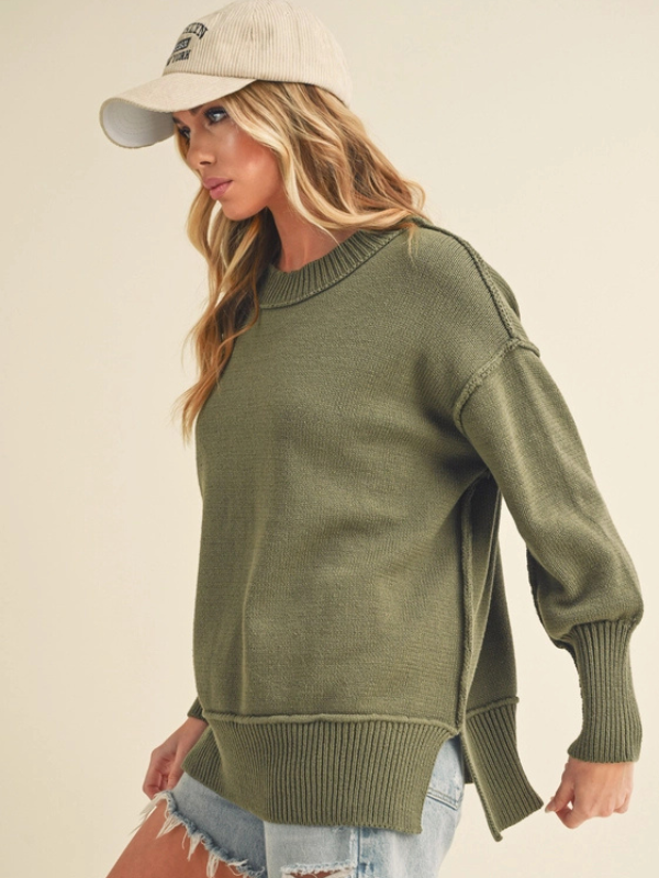 Olive Ribbed Split Hem Sweater