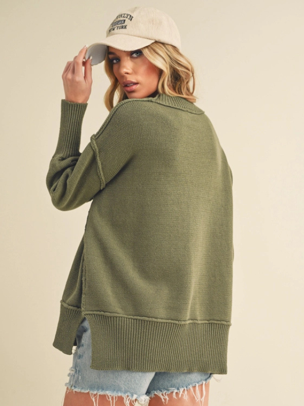 Olive Ribbed Split Hem Sweater