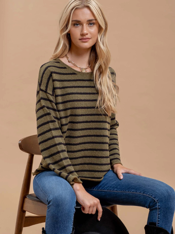 Olive Stripe Boat Neck Sweater