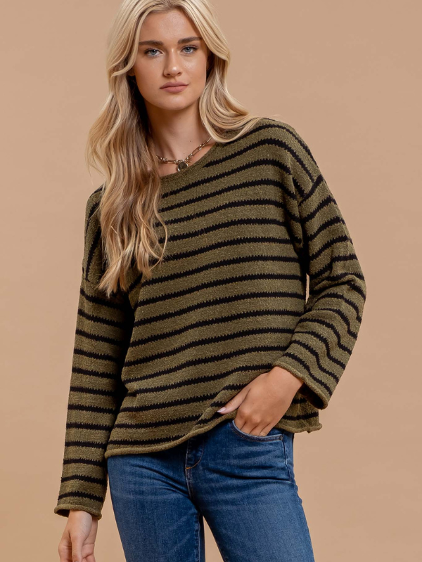 Olive Stripe Boat Neck Sweater