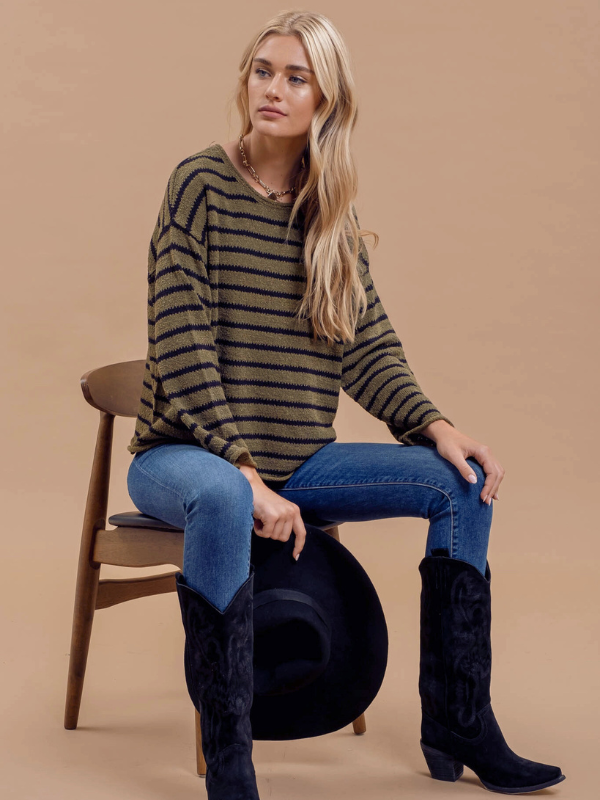 Olive Stripe Boat Neck Sweater