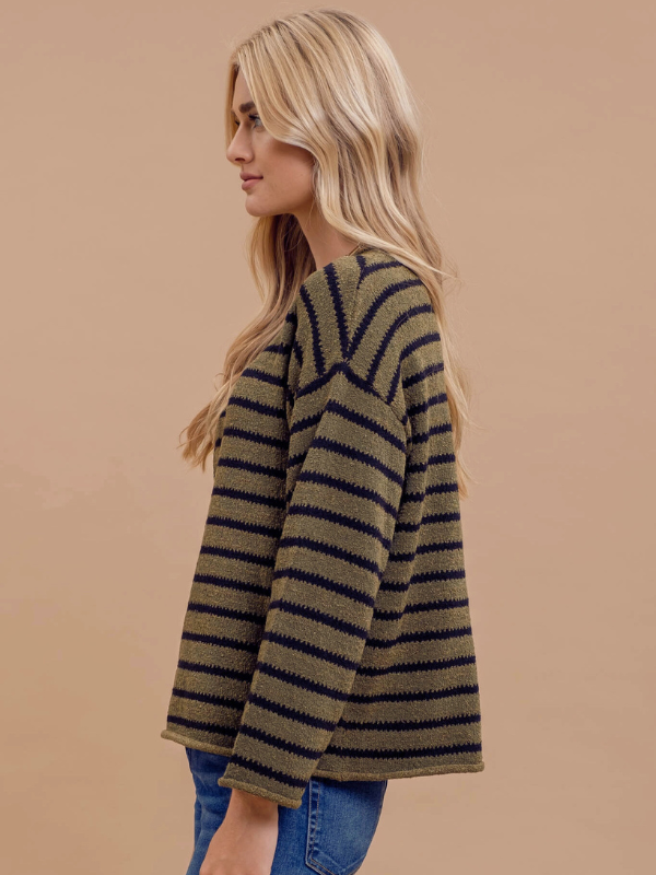 Olive Stripe Boat Neck Sweater