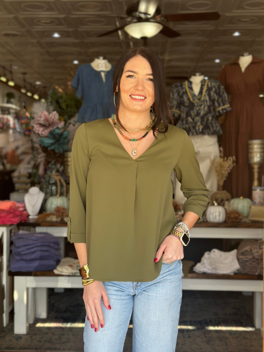 Olive V-Neck 3/4 Sleeve Top