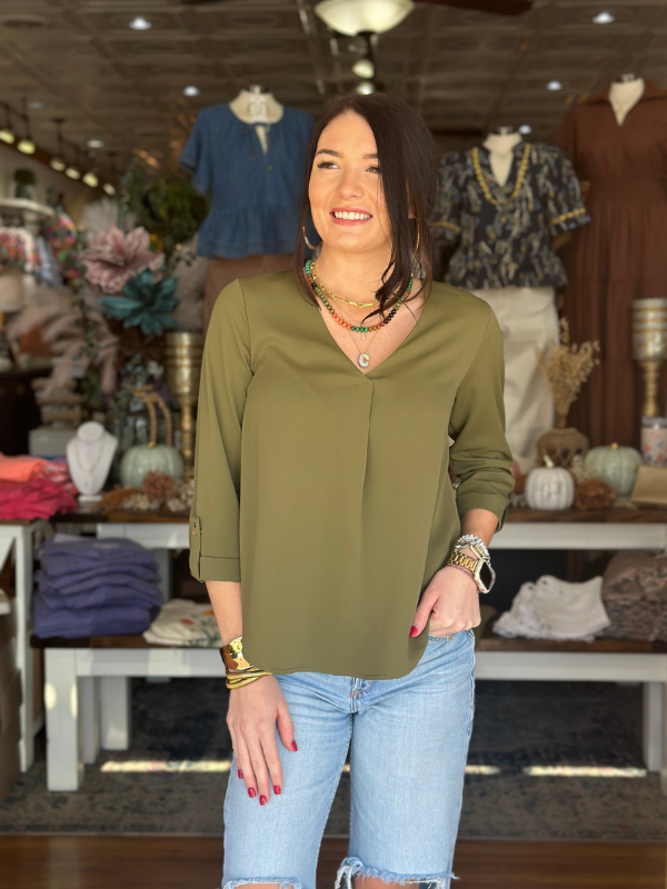 Olive V-Neck 3/4 Sleeve Top