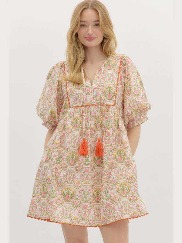 Orange + Cream Floral Print Mini Dress