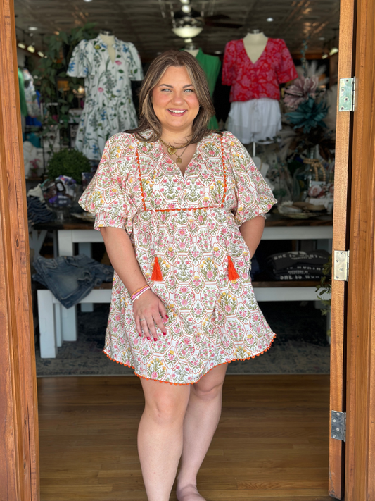 Orange + Cream Floral Print Mini Dress
