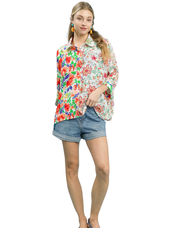 woman wearing floral collared top 