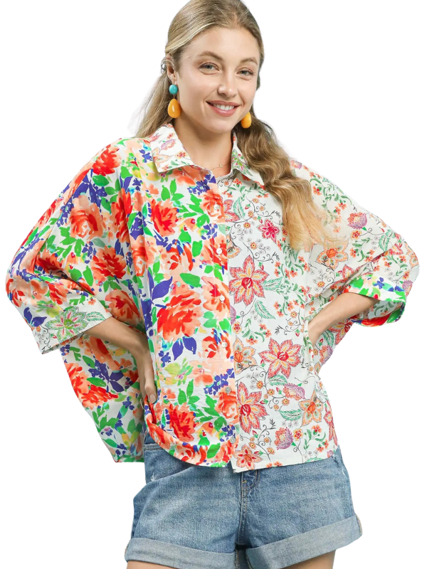 woman wearing floral collared top 