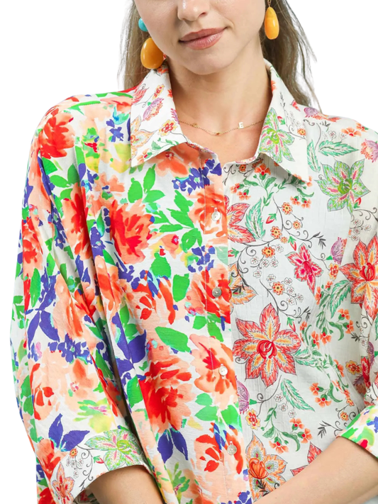 woman wearing floral collared top 