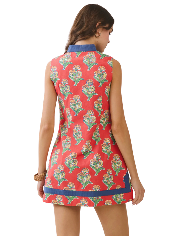 Woman wearing a red floral dress on a white background