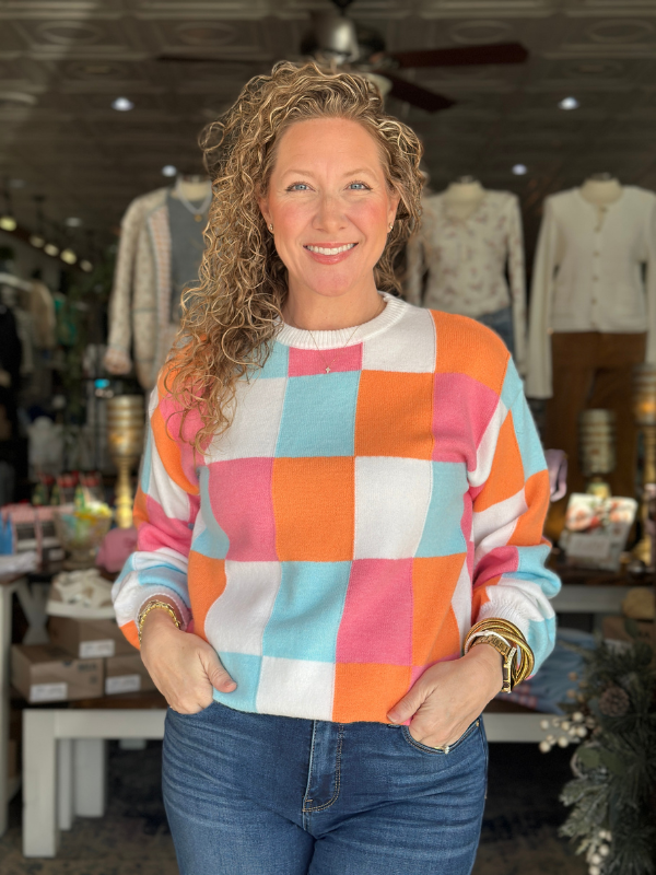 Orange + Teal + Pink Checker Sweater