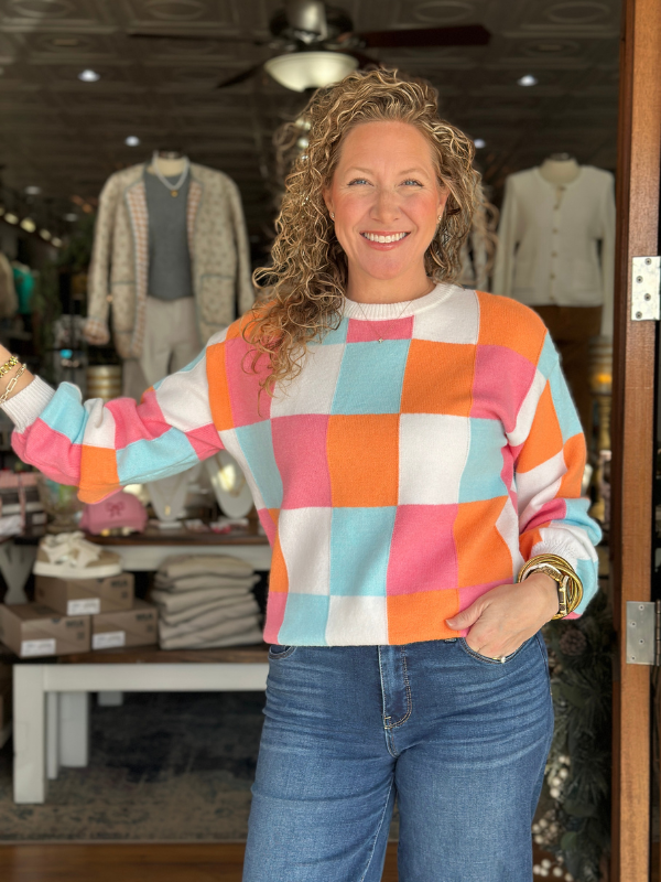 Orange + Teal + Pink Checker Sweater