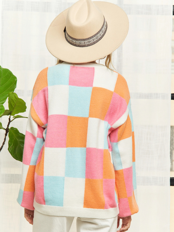 Orange + Teal + Pink Checker Sweater