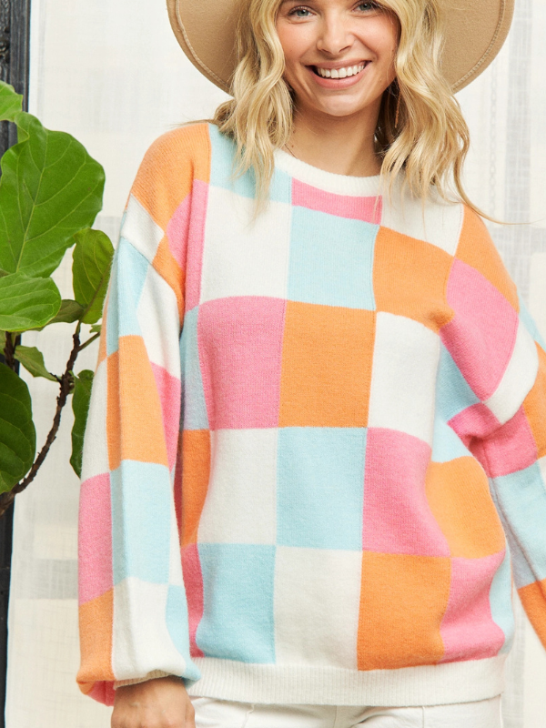 Orange + Teal + Pink Checker Sweater