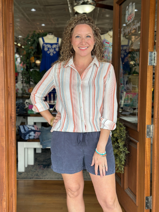Papaya Striped Gauze Top