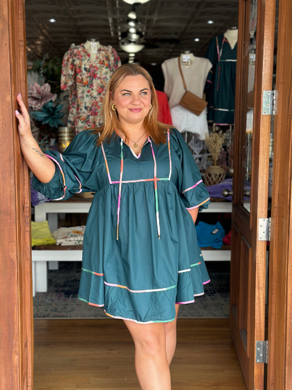 Pine Colorblock Trim Mini Dress