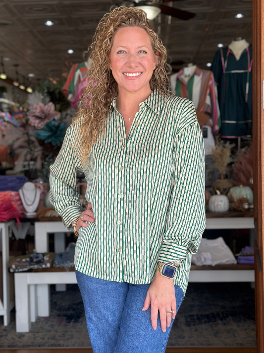 Pine Stripe Print Button Down Top