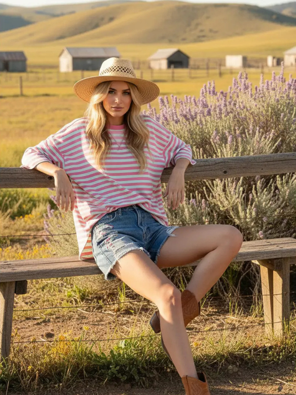 Woman sitting on a wooden bench in a field with lavender and barns in the background