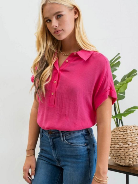 Fuchsia Mid Button Short Sleeve Top - Themasonboutique