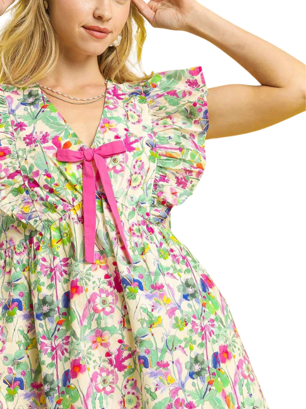 Pink Floral Bow Mini Dress
