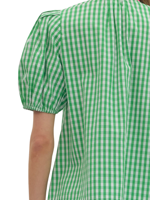 Green and white checkered blouse with puff sleeves on a plain background