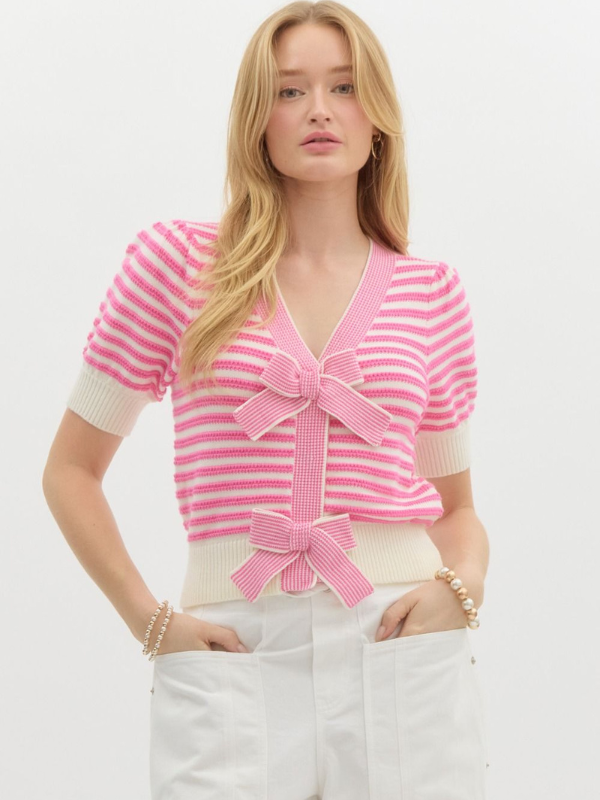 Pink Striped Bow Cardigan Top