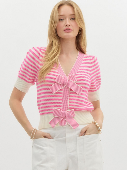 Pink Striped Bow Cardigan Top